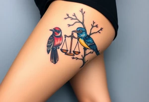 2 birds as the focus, one of the birds red wearing a suit, other bird navy blue with glasses or holding a book, scales of justice built into a tree, starry night painting and mountain background tattoo idea