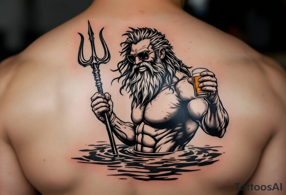 smiling, fit poseidon, with a trident, in calm water, holding a beer, with sunglasses tattoo idea