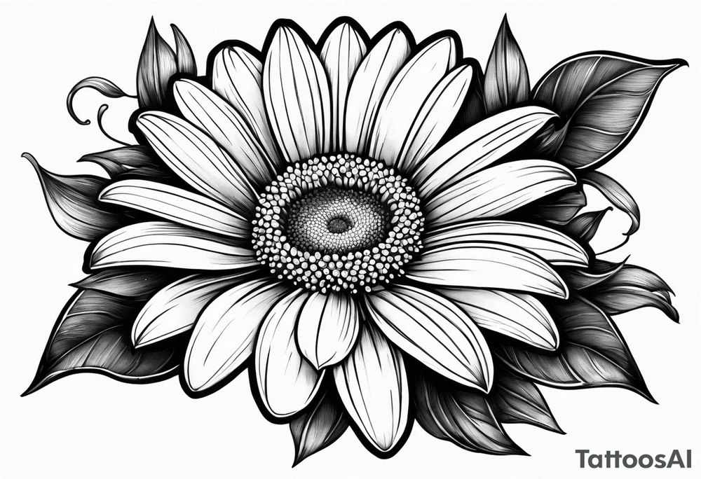 Large daisy flower with a lily flower no stem few leaves around them tattoo idea