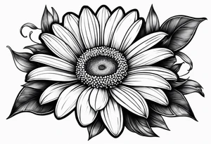 Large daisy flower with a lily flower no stem few leaves around them tattoo idea