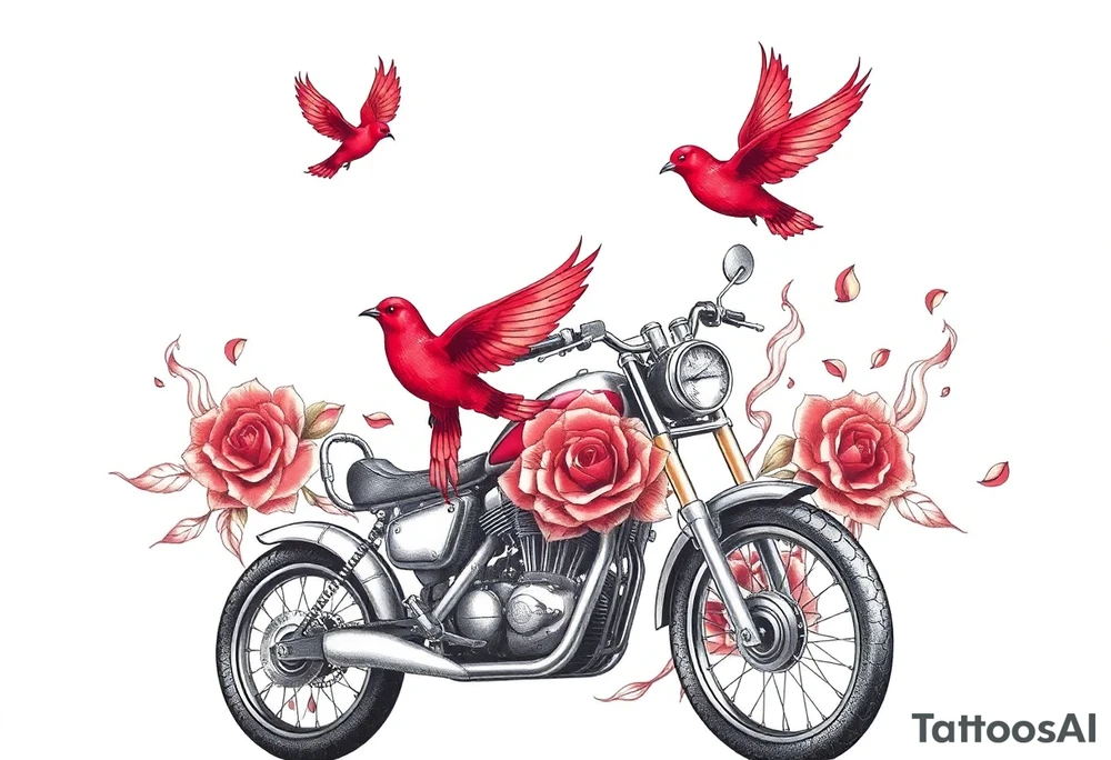 Motorcycle, two red birds flying, roses and lace, flames tattoo idea