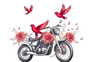Motorcycle, two red birds flying, roses and lace, flames tattoo idea