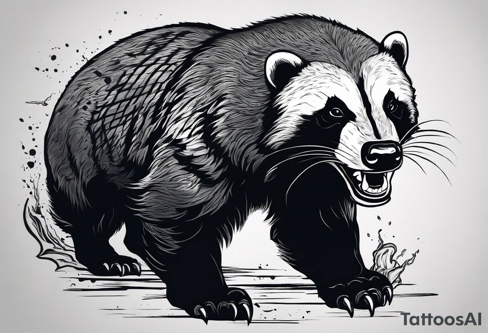 Draw me psychopath Fearless Honey Badger/Berserker with aggressive full body, killer face with a scary smile, very long nails and he attacks like a Bloody Assassin/Warrior/Gladiator to us and also, he has very deadly looking. He fights with his nails only. Everybody scares after their first sight. Give me horror type Badger Tattoo. I want to see his Realistic full body with no weapons. You can show destruction at the back. tattoo idea