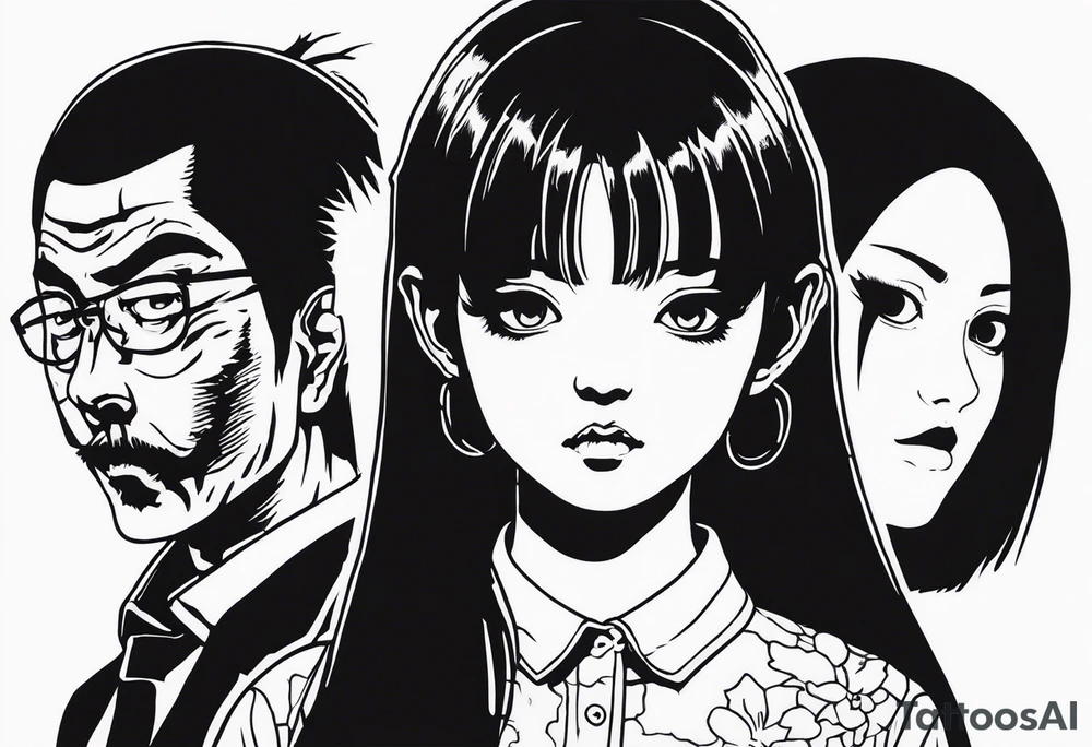 portrait of tomie standing up a character by the horror manga author junji ito full body standing murderously. add more horror and gore elements tattoo idea