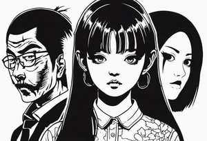 portrait of tomie standing up a character by the horror manga author junji ito full body standing murderously. add more horror and gore elements tattoo idea