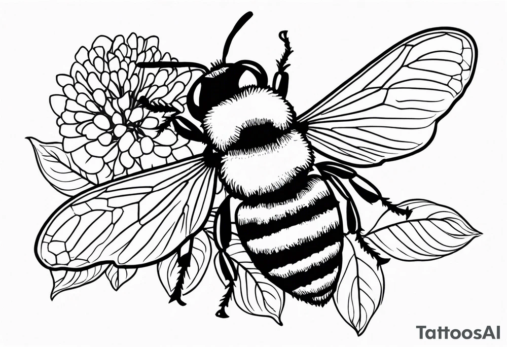 Small black and white minimalist tattoo for forearm of a Hydrangea and a small bee. No color tattoo idea