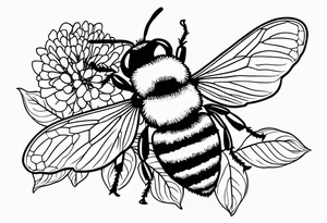 Small black and white minimalist tattoo for forearm of a Hydrangea and a small bee. No color tattoo idea