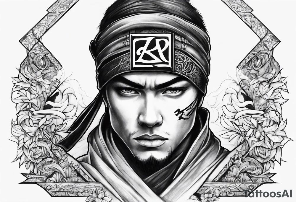 the letters A R in the middle of a ninja headband tattoo idea