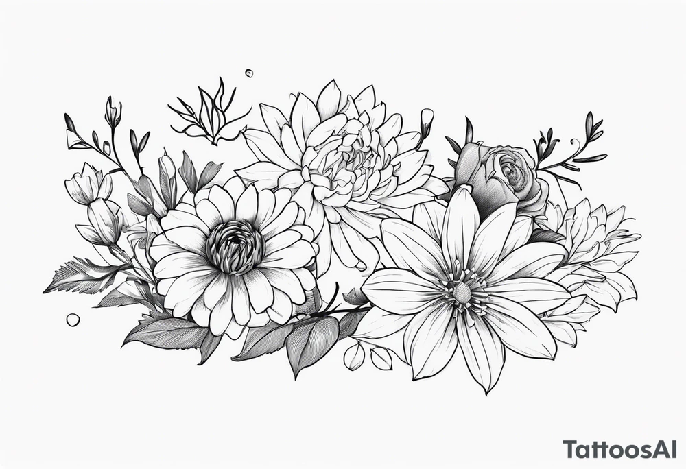 Asters, roses, Lillies, chrysanthemums in a line tattoo idea