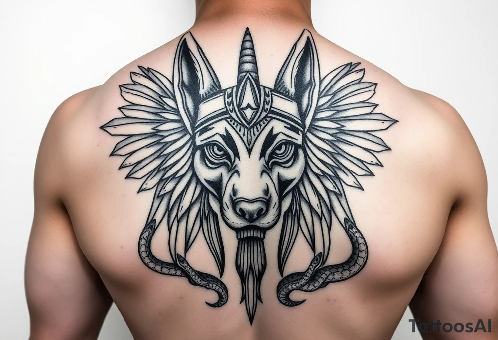 Egyptian Anubis god face muscle in Egypt style dog face surrounded Egyptian symbols and snakes tattoo idea