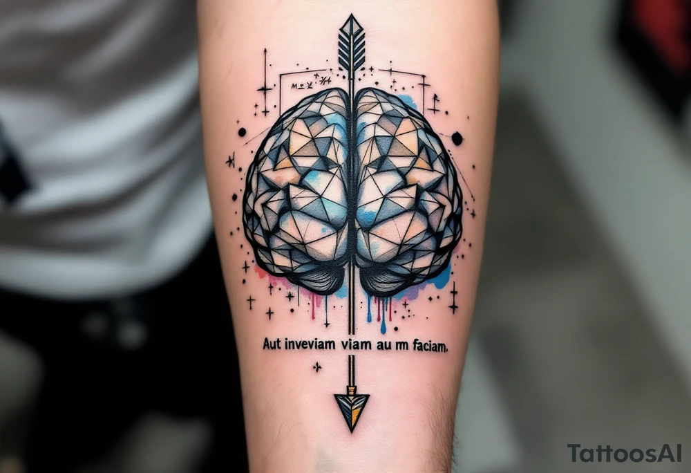 A front-seen brain in geometric and straight lines, with few watercolor details but mostly black, math symbols arround, the phrase "Aut inveniam viam aut faciam" and a detailed arrow crossing from above with watercolors leaking from its tip tattoo idea