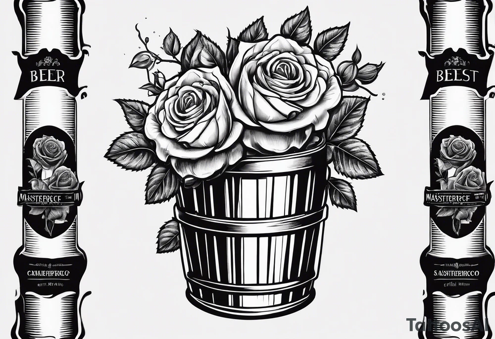 A bottle of beer and a stalk of rose in the bucket tattoo idea