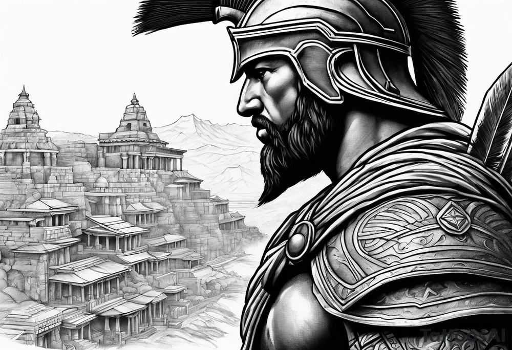 Side profile of spartan soilder looking at ancient city tattoo idea