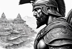 Side profile of spartan soilder looking at ancient city tattoo idea