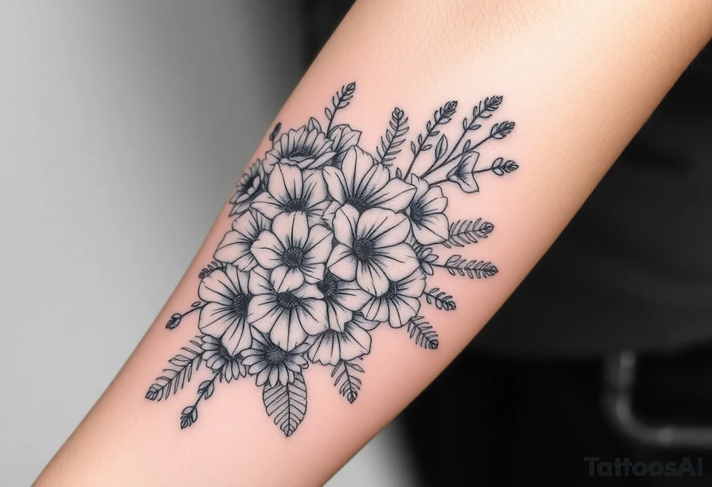 Bouquet of roses, snowdrops, marigolds, asters and gladioli tattoo idea