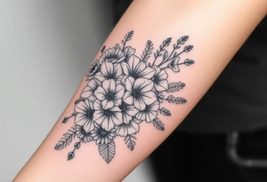Bouquet of roses, snowdrops, marigolds, asters and gladioli tattoo idea
