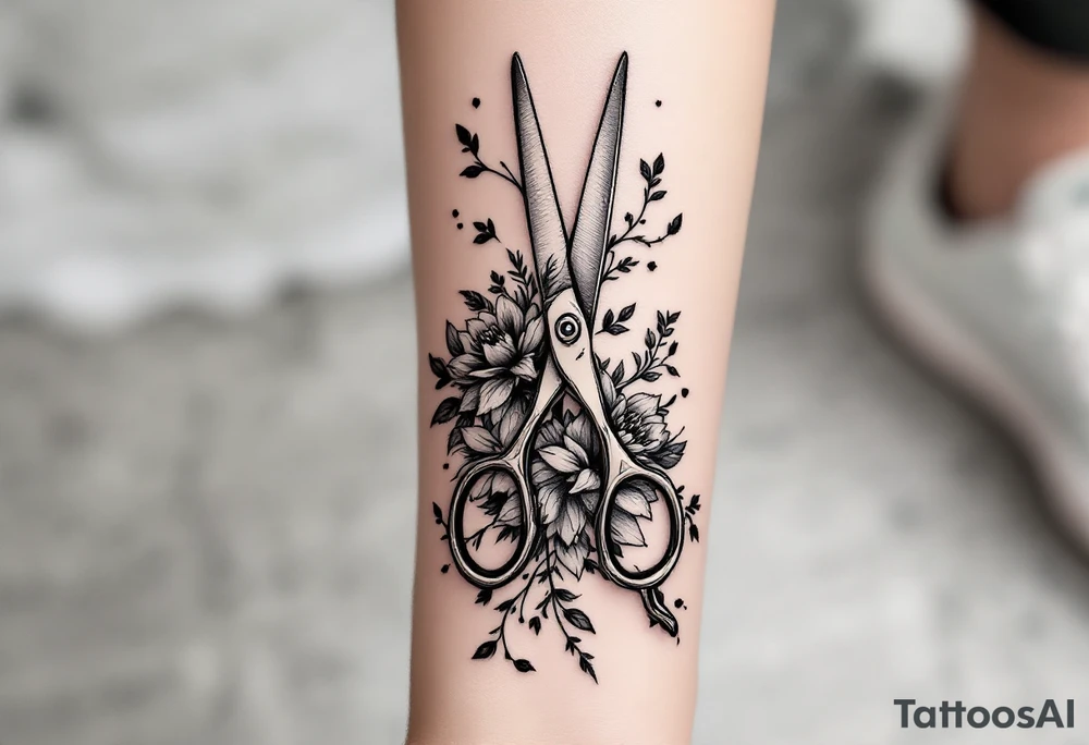 large haircutting scissors with flowers and vine woven arount tattoo idea