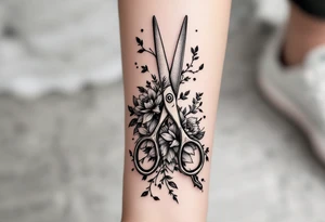 large haircutting scissors with flowers and vine woven arount tattoo idea