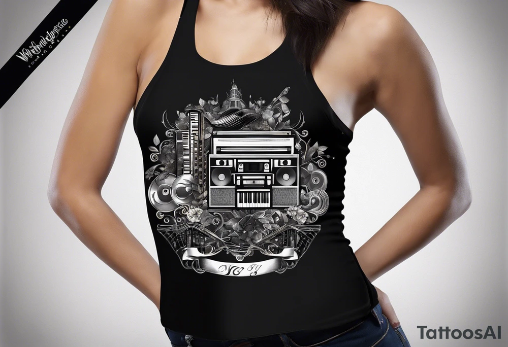 This tattoo features a stylized assembly of various music-related elements. At the center is a cassette tape with realistic details and proportions. It is overlaid with a keyboard, the keys extending outward on one side. There are electric guitars and drums. Intertwined with these are abstract designs, including straight and wavy lines, geometric shapes like triangles, and scientific elements like an atom model. Additionally, a detailed avian creature perches on the tape, adding an organic touch to the otherwise geometric and mechanical motif. tattoo idea