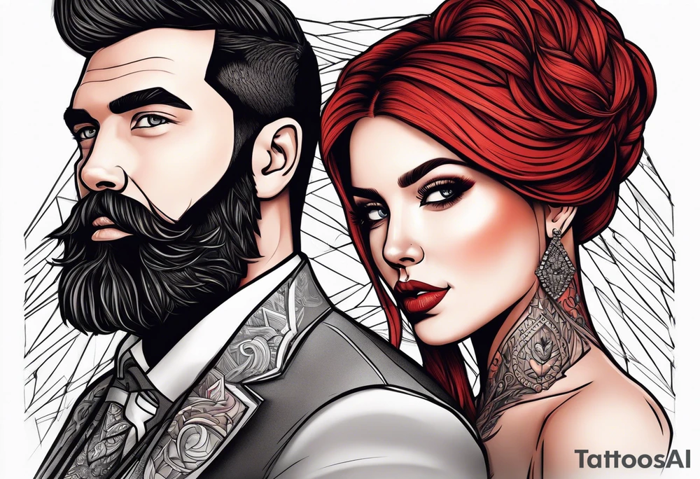 Busty red haired woman with a bearded man who has black hair getting married tattoo idea