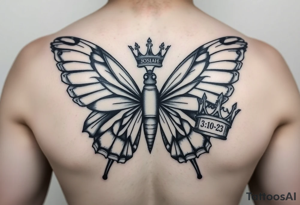 majestic butterfly angel with two king crowns and in grave in one of the king crowns the names JOSIAH wuth the date 7-06-21 in roman numerals and I. The other king crown the name Adian with the date 3-10-23 in roman numerals tattoo idea