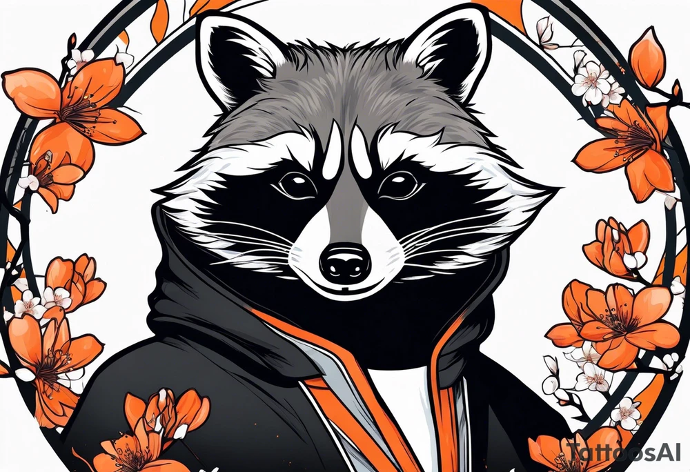 Raccoon wearing a white Superman logo on a black hoodie and orange Japanese cherry blossoms tattoo idea