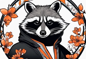 Raccoon wearing a white Superman logo on a black hoodie and orange Japanese cherry blossoms tattoo idea