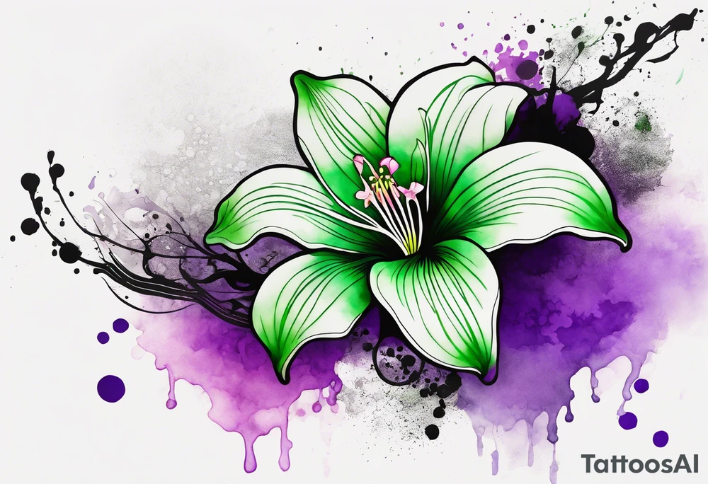 A mystical outline of a green with a bit of purple rio dipladenia flower and a green and purple watercolor splash in the background tattoo idea