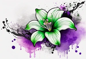 A mystical outline of a green with a bit of purple rio dipladenia flower and a green and purple watercolor splash in the background tattoo idea