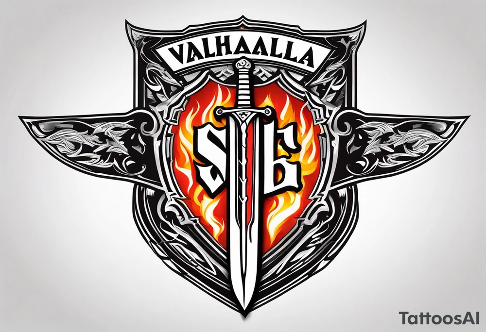 Valhalla on  fire shield sword tattoo idea