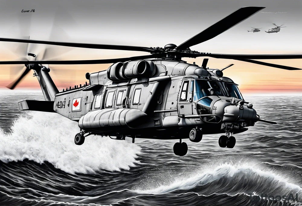 canadian military grey helicopter cyclone CH-148, a helicopter flying over rough water, Clear sky, sunset
, military art, ocean specular, highly detailed background, tattoo idea
