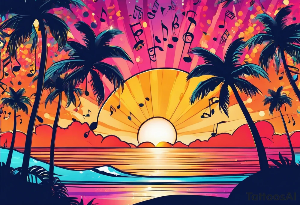 1960'S BEACH DANCE PARTY 
party, include confetti, music notes, 
, bikinis sunset in the center tattoo idea