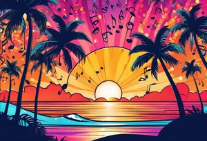 1960'S BEACH DANCE PARTY 
party, include confetti, music notes, 
, bikinis sunset in the center tattoo idea