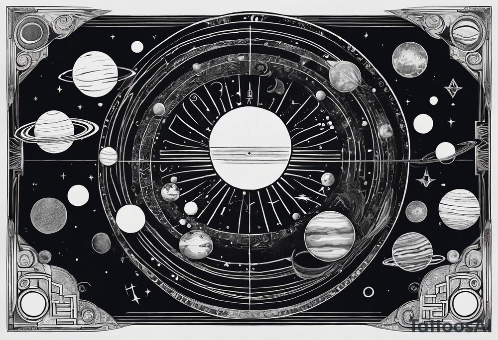 An symbolist representation of the solar system with mysterious hieroglyphs from an unknown language tattoo idea