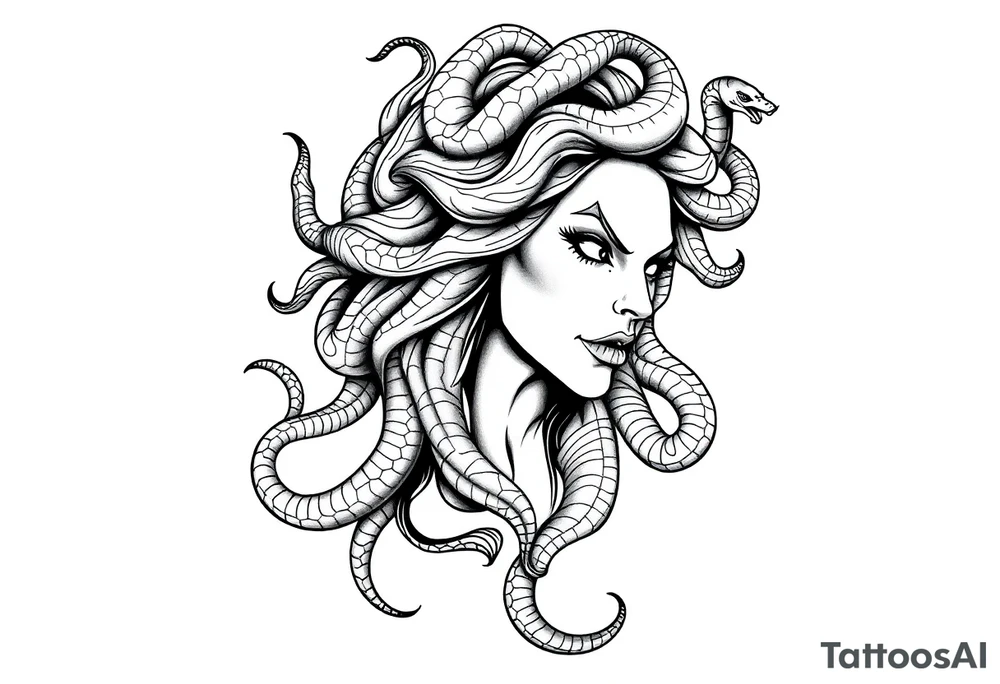Scary Greek female god medusa with snake hairs tattoo idea