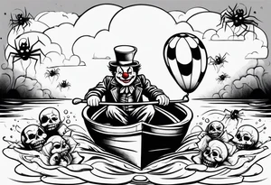 penny wise clown riding on georgies 
paper boat dragging skulls from other dead people behind him through the sewer system with a balloon covered in spiders tattoo idea