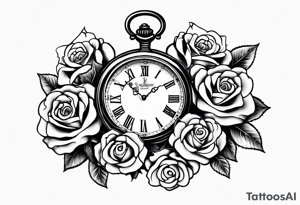 Pocket watch with chain and roses tattoo idea