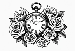 Pocket watch with chain and roses tattoo idea