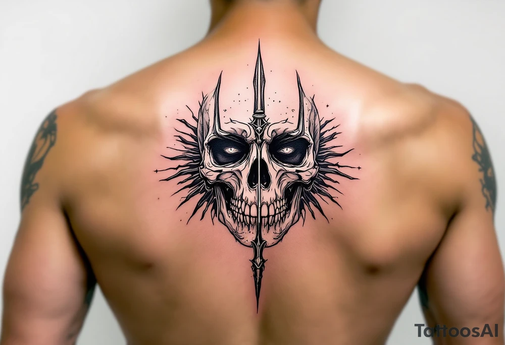 skeleton face behind trident tattoo idea