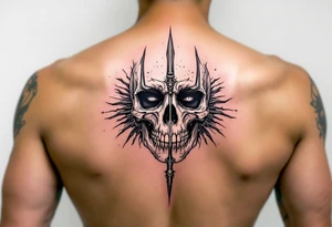skeleton face behind trident tattoo idea