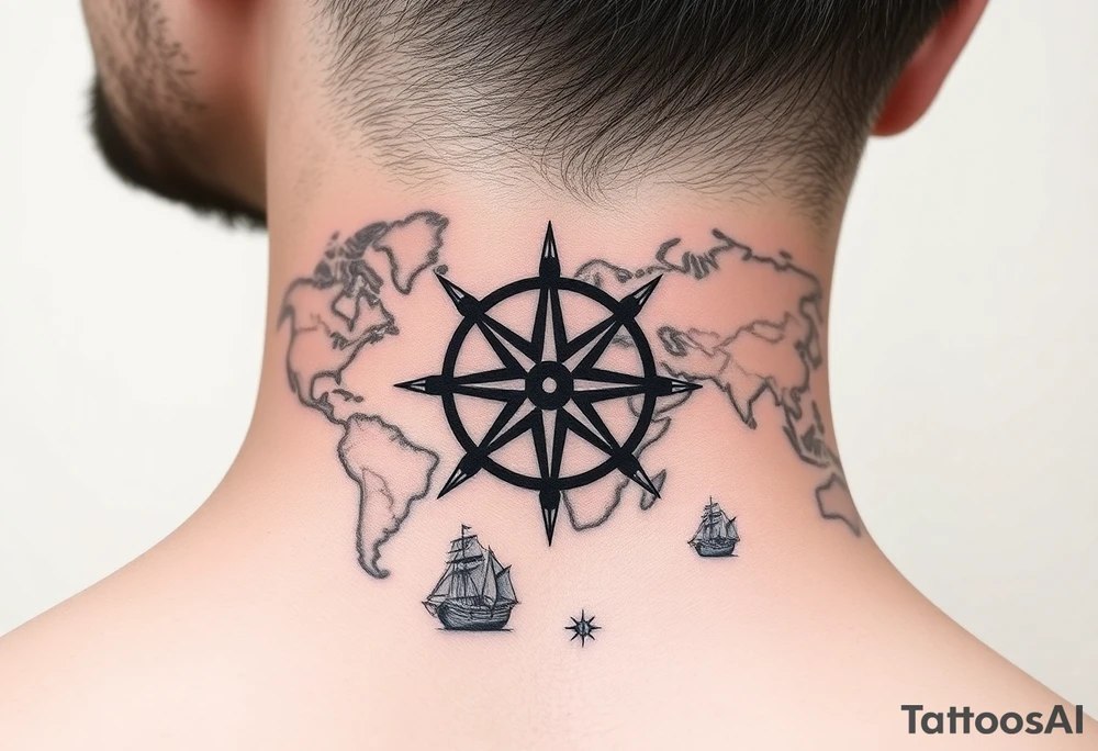 antique compass rose overlaid on weathered world map with sailing ships tattoo idea