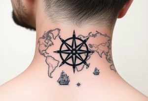 antique compass rose overlaid on weathered world map with sailing ships tattoo idea