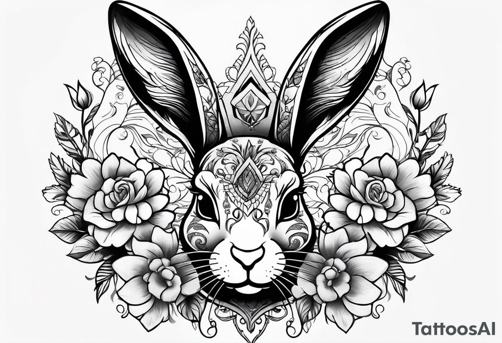 Rabbit head and flowers tattoo idea