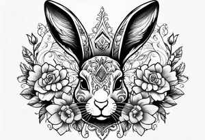Rabbit head and flowers tattoo idea