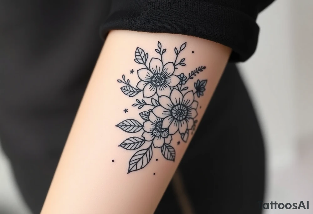 floral composition with japanese vibe, mutiple ornemental patern and leaf tattoo idea