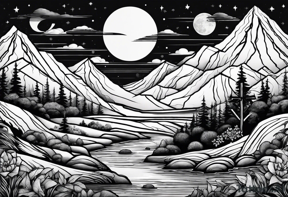 nature with mountains, waterfall, water, and a cross in the background and and moon/sun in the sky with stars tattoo idea