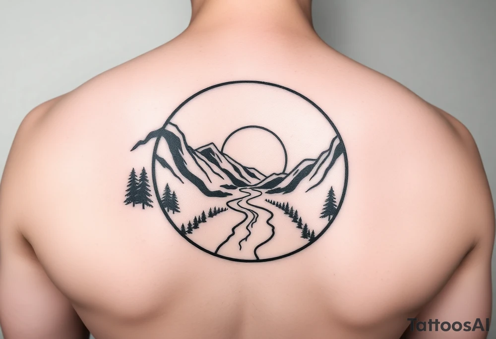 mountains. river and sunrise, let it all be inside one circle. draw a line and divide the circle into two parts, let one part be like day and the other part like night tattoo idea