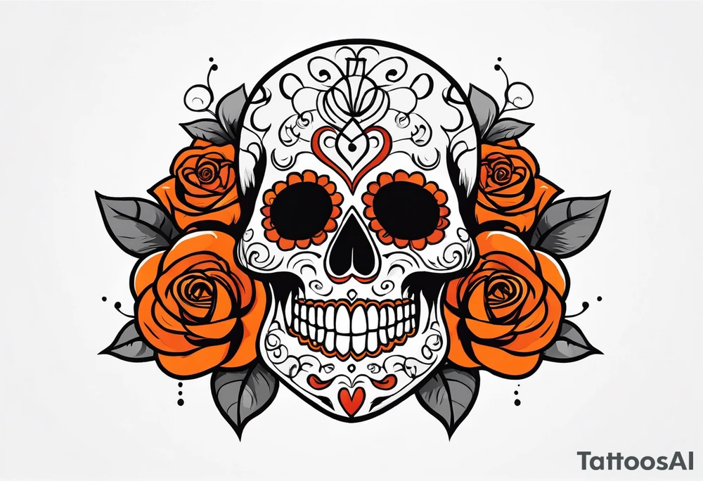 Orange Sugar skull with roses that are orange and red with smoke around it tattoo idea