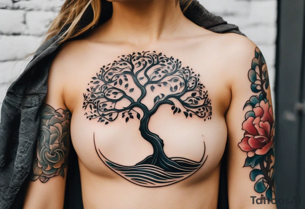 A tattoo of an abstract Tree of Life tattoo to be placed directly on the bicep of a woman. It can wrap around the arm a little. It should have roots growing out of the bottom. The roots slowly turn into water from the Great Wave by Hokusai. A golf flag should be placed discreetly growing out of the ground. 2 license plate tags should be hanging from the tree. Place a few music notes in the areas the leaves should be. The letters A U should be engraving into the tree trunk in a heart. Not inside a circle. The overall shape of the tattoo should be organic. Black and white only. tattoo idea