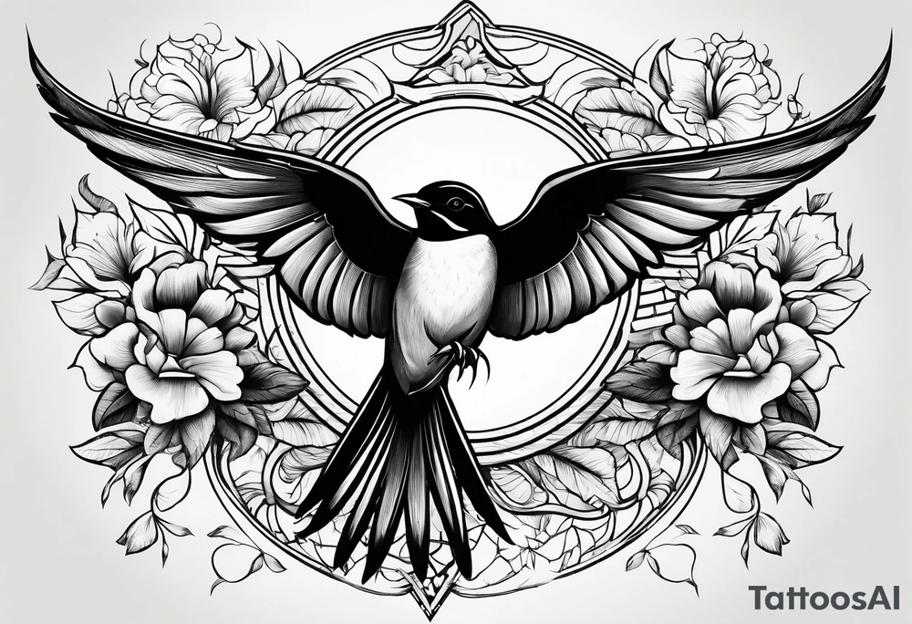 swallows with architectural elements and a floral or botanical design tattoo idea